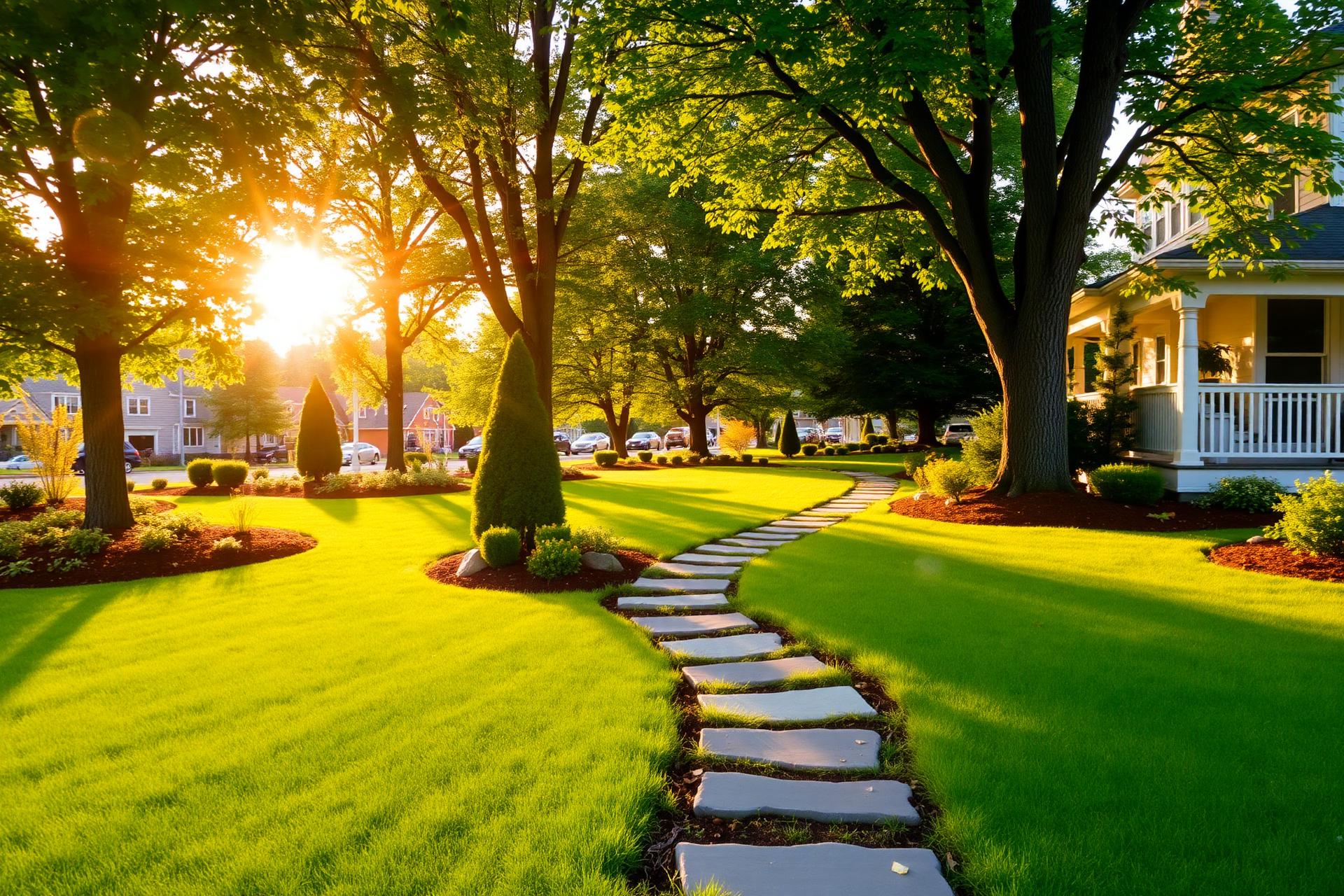 Beautifully manicured New England landscape at golden hour